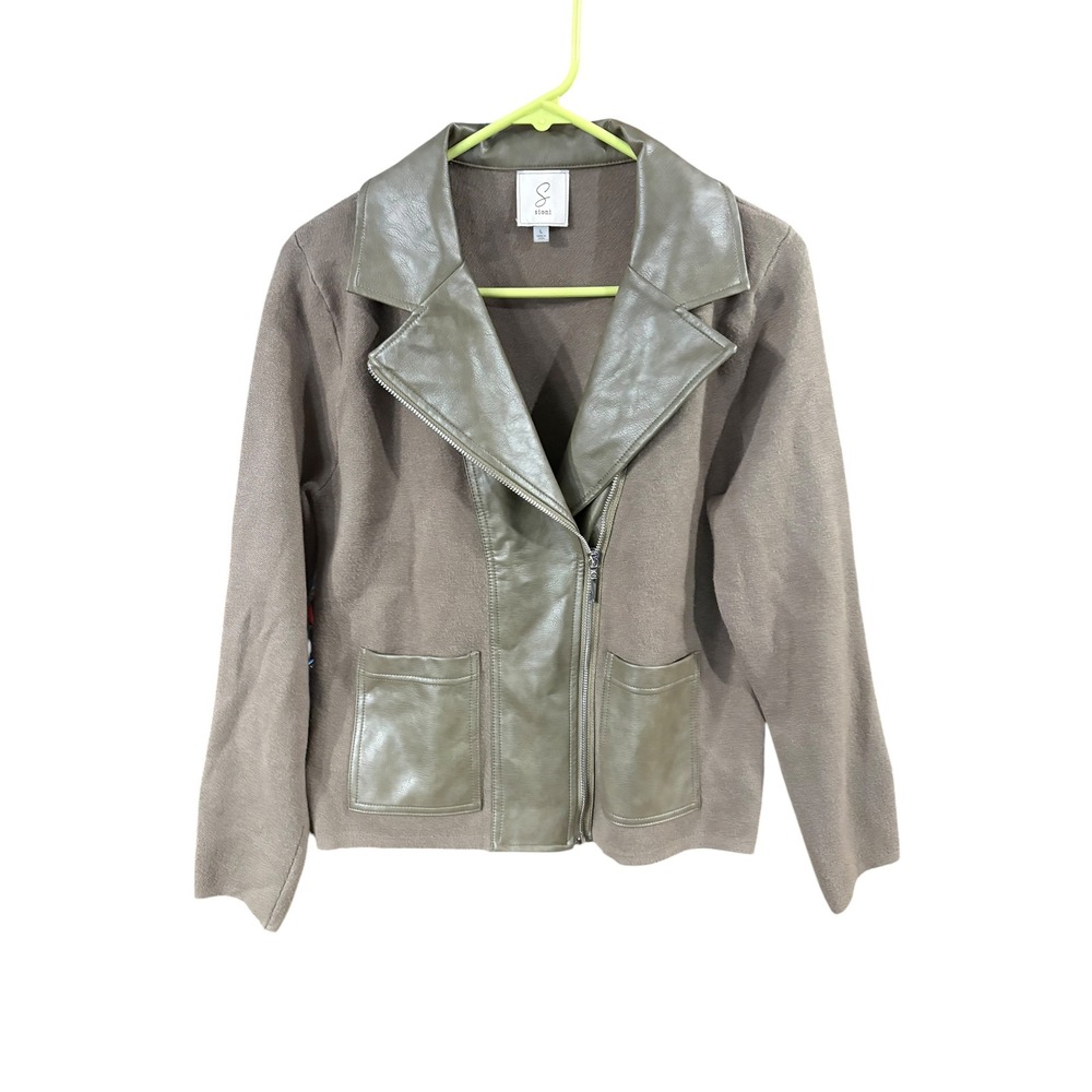 Sioni Womens Mixed Media Moto Jacket Faux Leather Knit Asymmetrical Zip Olive L